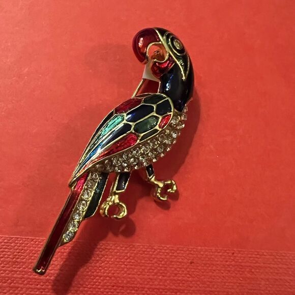 Brooch / Pin, Bird, Parrot, Macaw, Blue & Green Enamel with Rhinestones, Vintage - Picture 1 of 7
